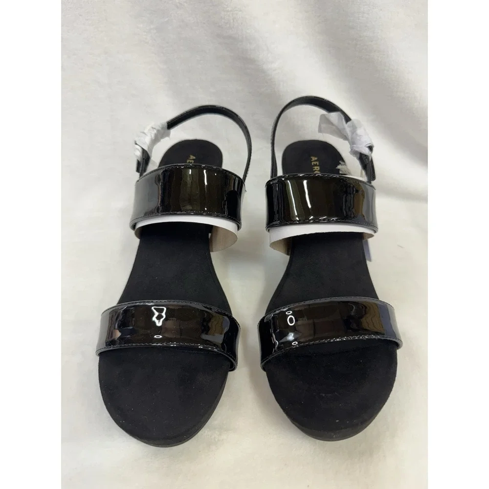 Aerosoles Petra Women's Wedge Sandals Black Patent Faux Leather Size 9.5